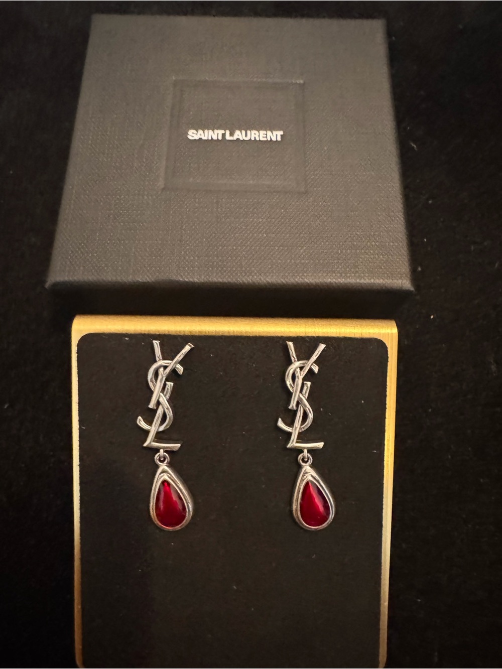 Saint Laurent Silver YSL Drop Earrings with Red Teardrops